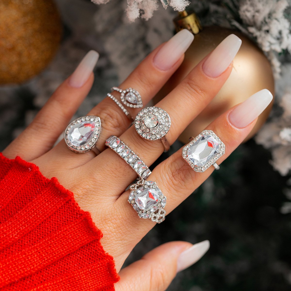 Jewelry Retro Light Luxury Diamond Gemstone Ring Set Fashion Trend Geometric Metal Ring Female
