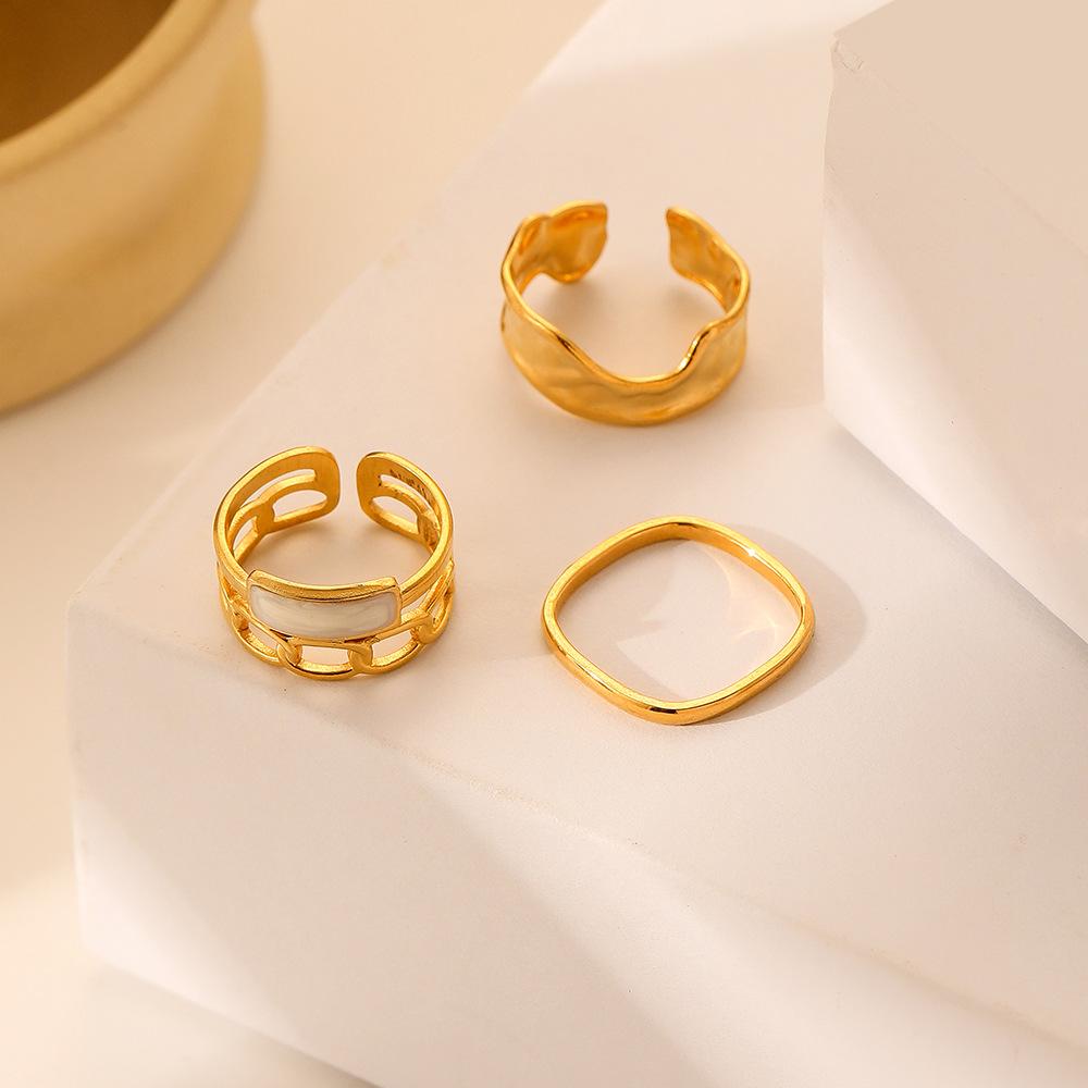 Versatile Fashion Simple Personality Stainless Steel Gold Square Drip Oil Hollow Ring Set Female