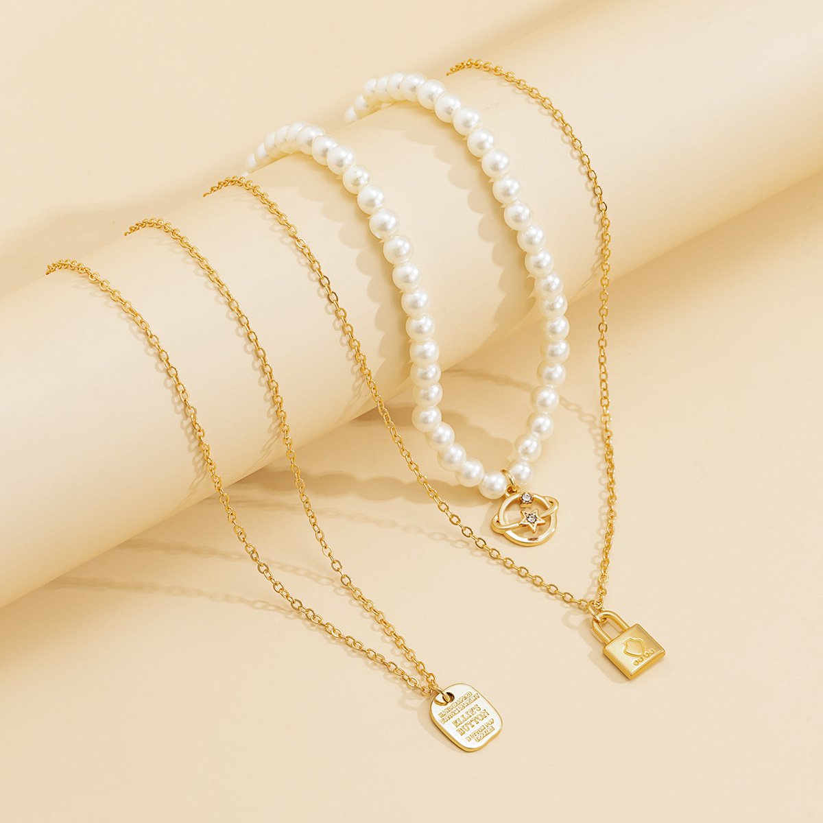 Jewelry Imitation Pearl Woven Pendant Necklace Planet Micro-inlaid Lock Letter Multilayer Necklace Female