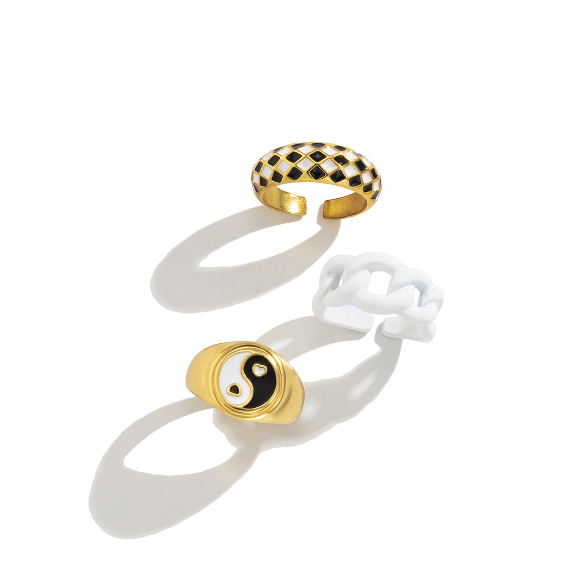 Retro drop oil Tai Chi checkerboard ring female geometric hollow opening chain index finger ring ring