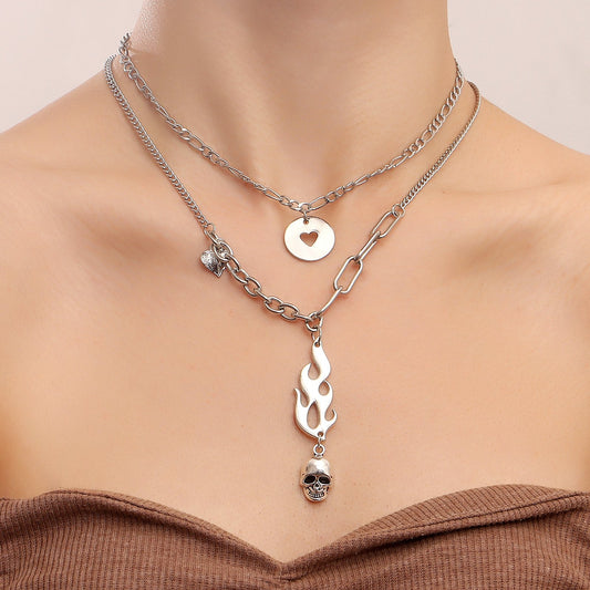 Jewelry fashion double-layer flame skull pendant necklace female minority design sense light luxury choker