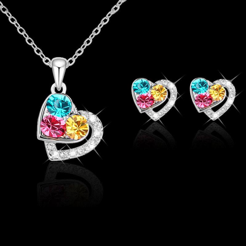 Fashion Women's Earrings Necklace Set Colorful Diamond Heart Shape Female Pendant Necklace Earrings Jewelry