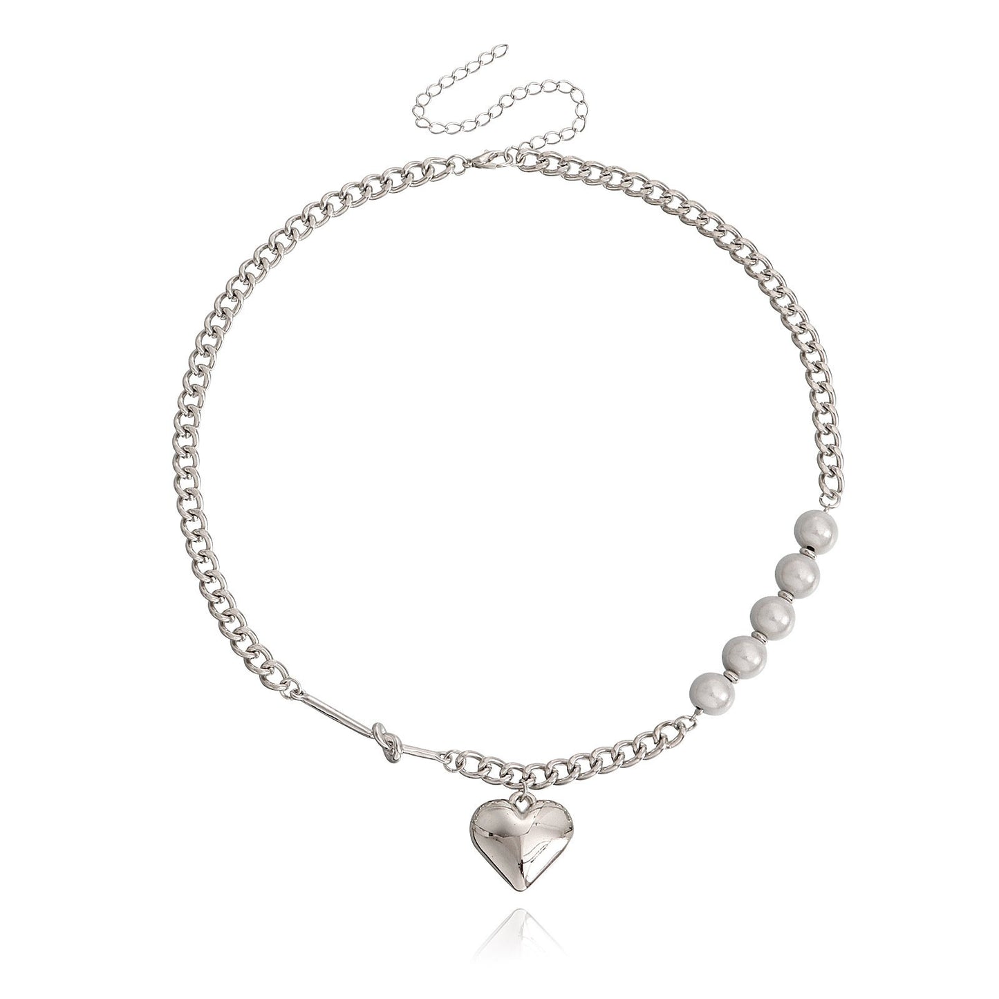 Jewelry Reflective Pearl Heart Stitching Necklace Female Hip Hop Ins Trendy Cool Clavicle Chain Accessories