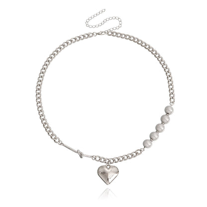 Jewelry Reflective Pearl Heart Stitching Necklace Female Hip Hop Ins Trendy Cool Clavicle Chain Accessories