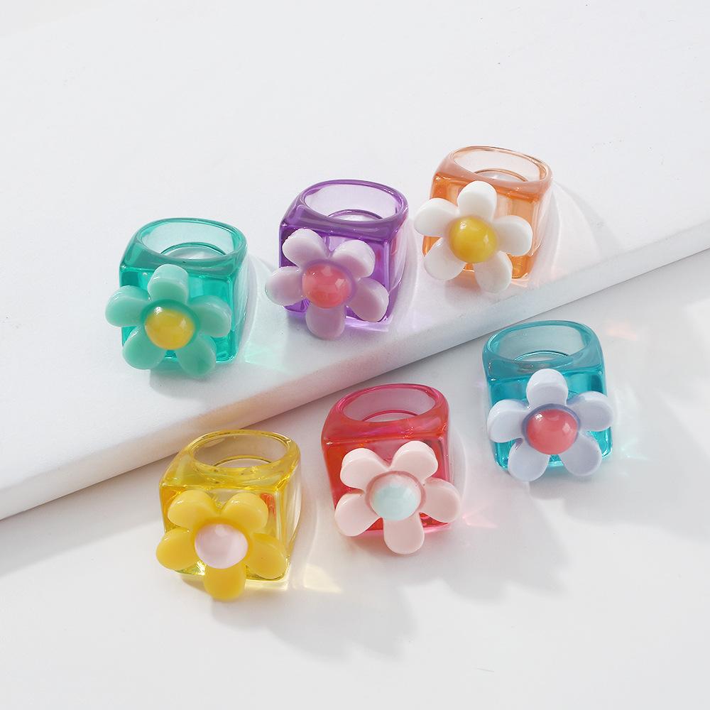 R579 Simple Ring Candy Color Flower Girl Heart Ring Resin Transparent Contrasting Color Geometric Jewelry