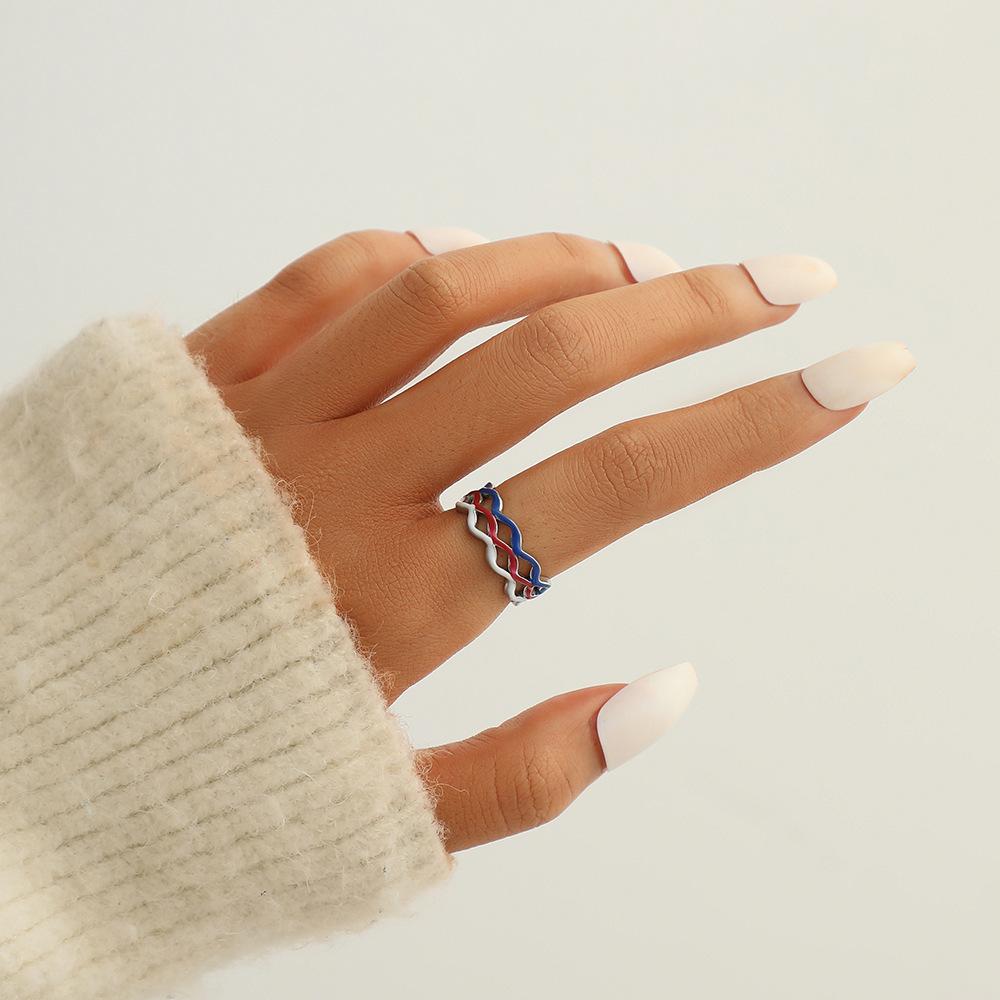 Fashion personality stainless steel dripping oil national flag color wavy line open ring ladies simple jewelry