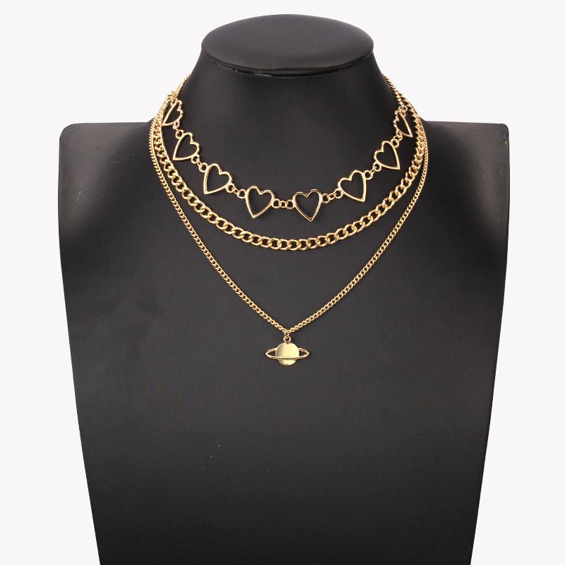 Jewelry Stacked Versatile Hollow Heart Chain Necklace Set Chain Fashion Planet Pendant Necklace