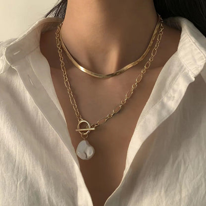 Fashion Hip Hop OT Buckle Flat Snake Bone Necklace Jewelry Baroque Shaped Imitation Pearl Necklace Female