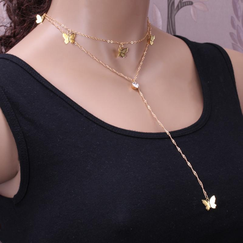 Jewelry Fashion Double Layer Alloy Butterfly Pendant Necklace Feminine Tassel Rhinestone Long Pendant