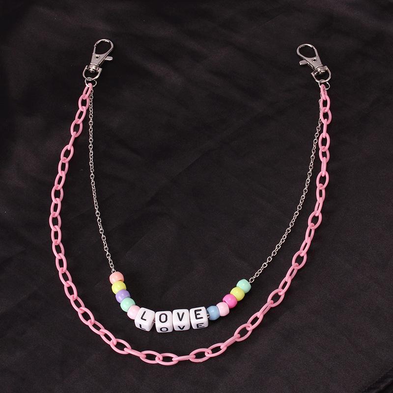 Harajuku personality street trend ornaments wild pink acrylic chain letter dice double-layer pants chain