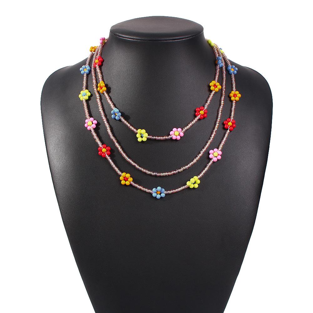 N7524 Bohemian colorful rice bead necklace holiday multi-layered hand-woven flower accessories