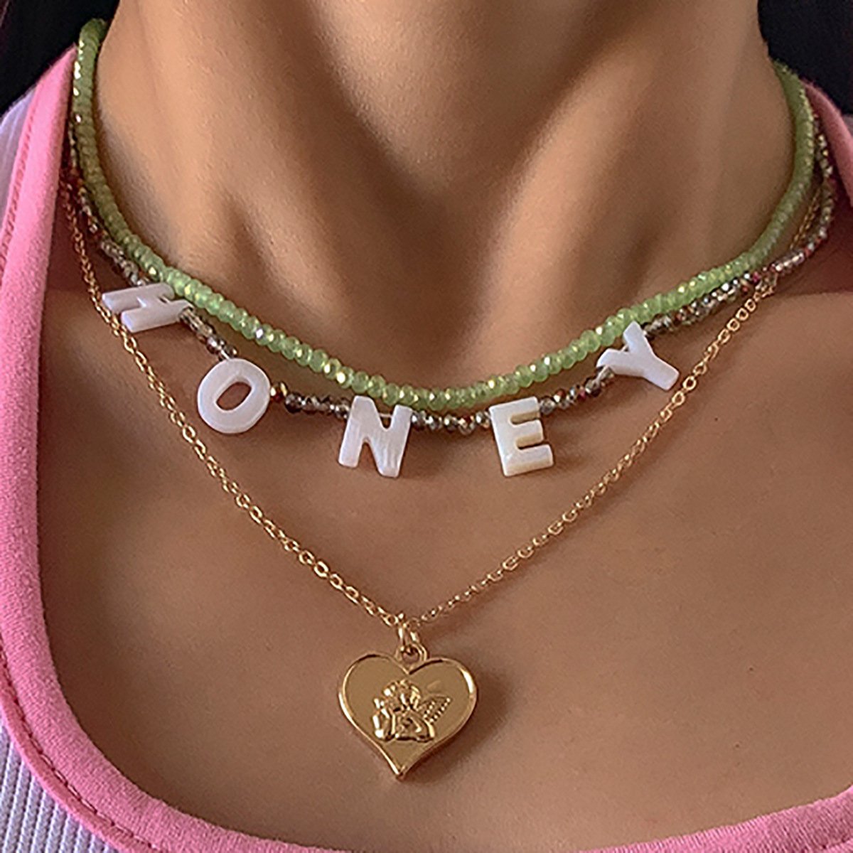 Retro Simple Rice Bead Letter Stacked Necklace Metal Heart Shaped Angel Portrait Clavicle Necklace Female