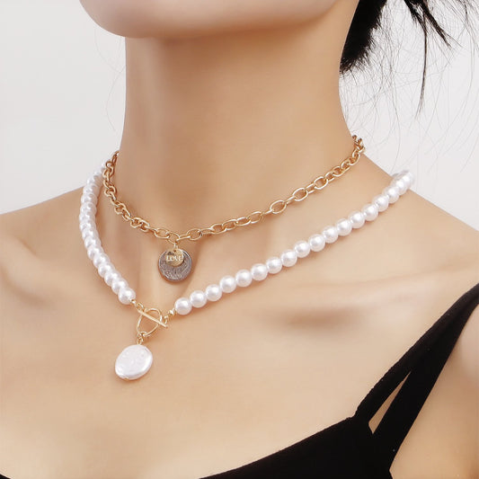 Jewelry Geometric Disc Imitation Baroque Pearl Double Layer Necklace Female Simple Versatile Bead Necklace