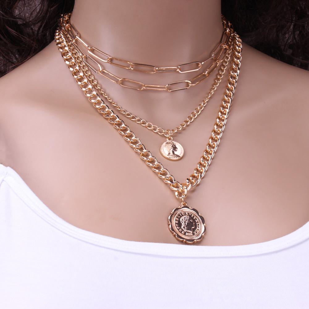Jewelry Personality Round Card Coin Pendant Necklace Men's Hip Hop Trendy Portrait Multilayer Thick Chain Necklace