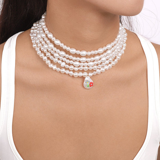 N162 French Retro Elegant Necklace Pearl Drop Oil Printing Stacked Necklace Personality Light Luxury Necklace