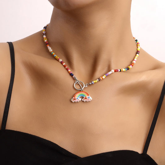 Jewelry Bohemia Color Rice Beads Rainbow Pendant Necklace Female OT Buckle Trendy Temperament Necklace