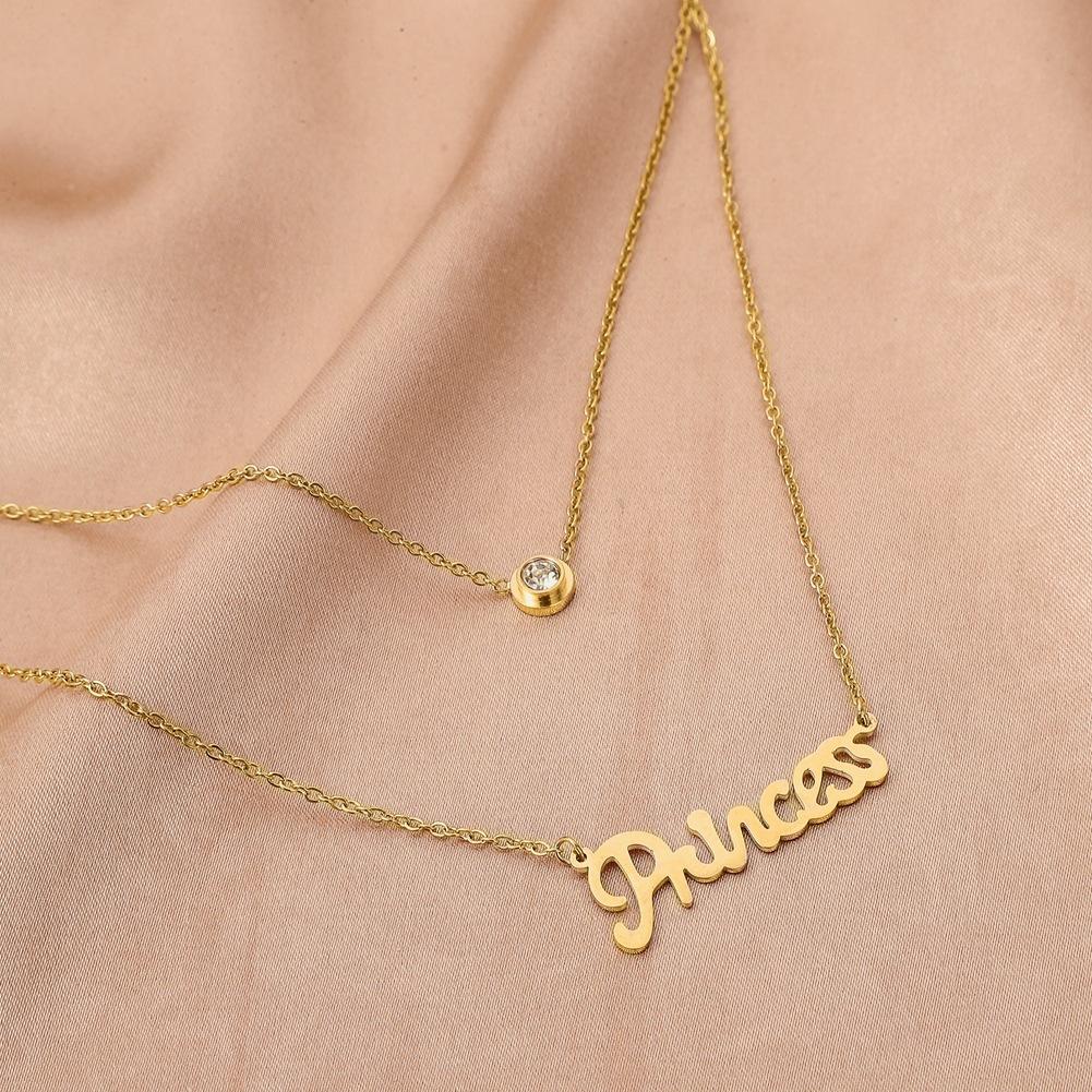 Stainless Steel Necklace Temperament Simple Design Letter Diamond Clavicle Chain Double Chain Necklace