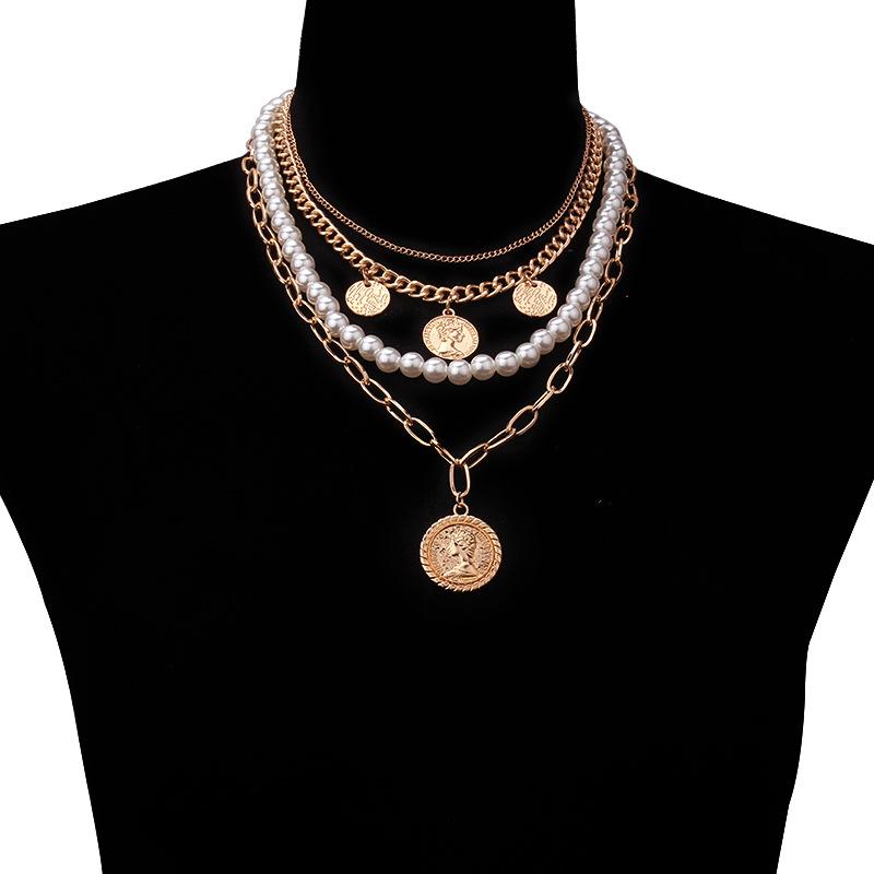 Jewelry Retro Multi-layer Beaded Chain Fashion Necklace Simple Portrait Imitation Pearl Multi-layer Necklace