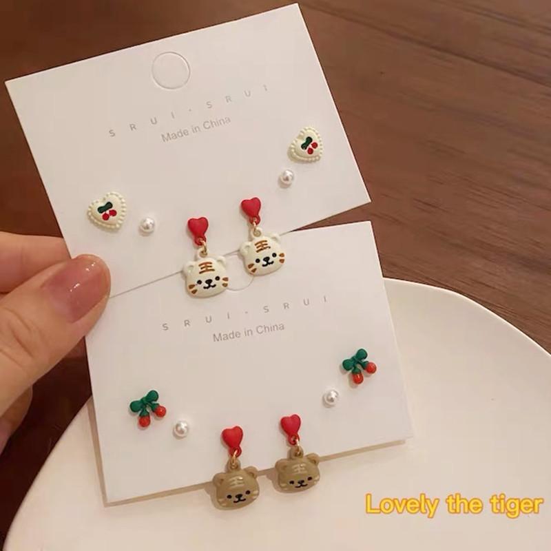 s925 silver needle zodiac year of the tiger earrings set women's niche design cute zodiac tiger earrings
