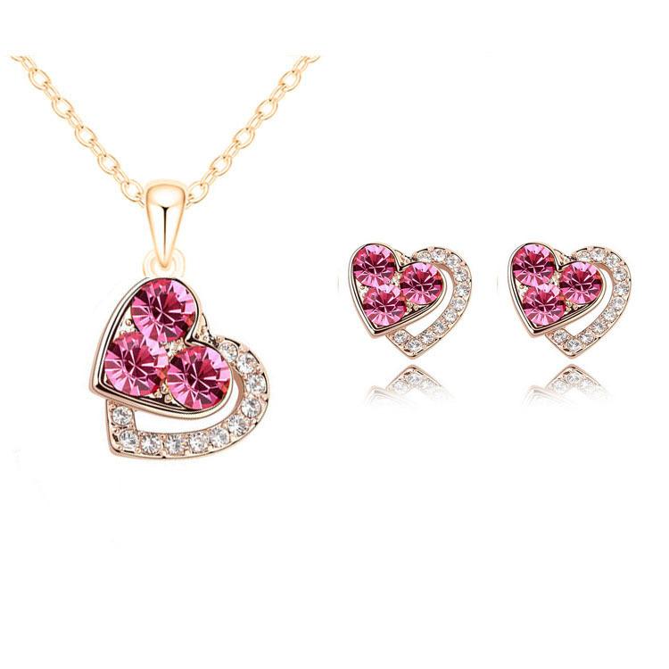 Fashion Women's Earrings Necklace Set Colorful Diamond Heart Shape Female Pendant Necklace Earrings Jewelry