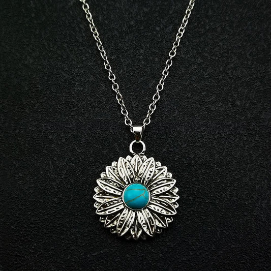 Jewelry Blue Turquoise Sunflower Pendant Necklace Women Vintage Boho Flower Jewelry