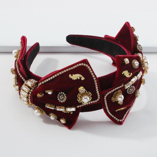 F3571 Big Bowknot Headband Women's Baroque Court Temperament Hair Accessories Elegant Diamond-studded Pearl Hairpins