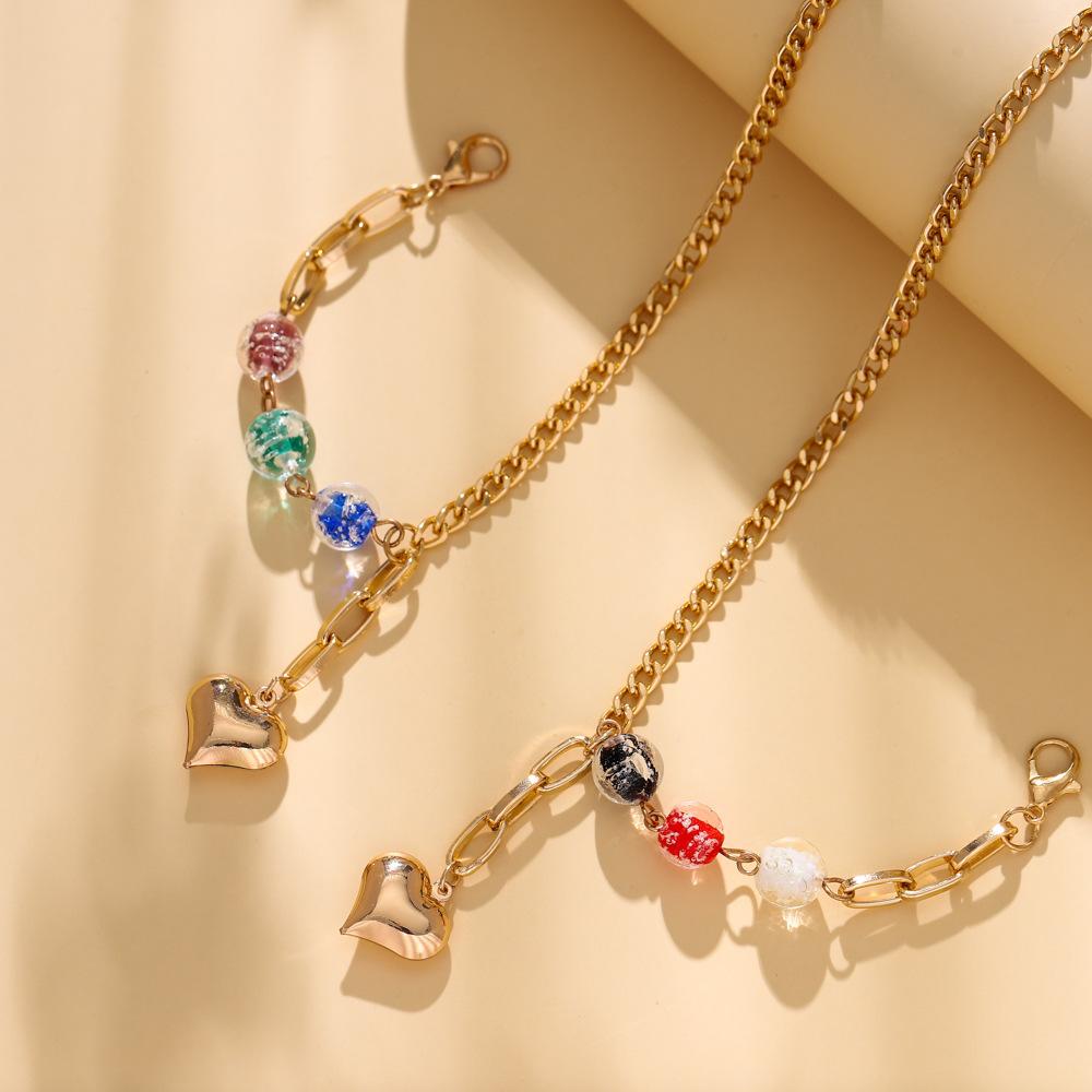 Fashion colored glaze glass beads heart-shaped mask necklace personalized colorful round beads peach heart glasses chain