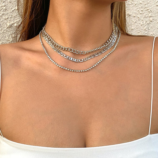 Jewelry Simple Metal Thin Chain Necklace Set Women's Stacked Geometric Claw Chain Diamond Clavicle Necklace