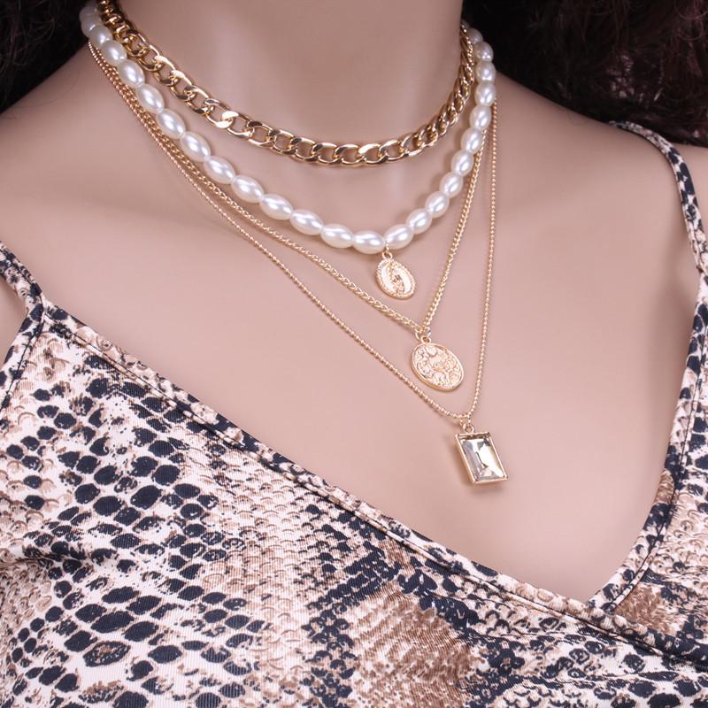 Jewelry Retro Multi-layer Mix and Match Imitation Pearl Necklace Simple Geometric Embossed Necklace Female