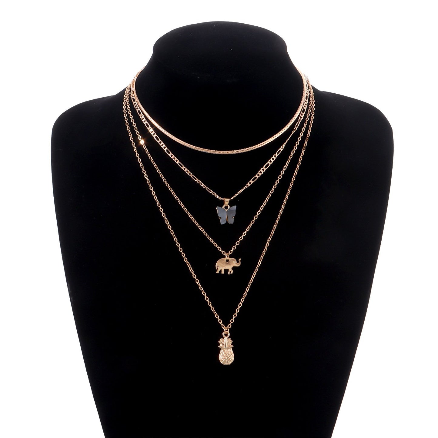 Jewelry Elephant Pineapple Black Butterfly Pendant Necklace Female Personality Multi-layer Temperament Simple Necklace