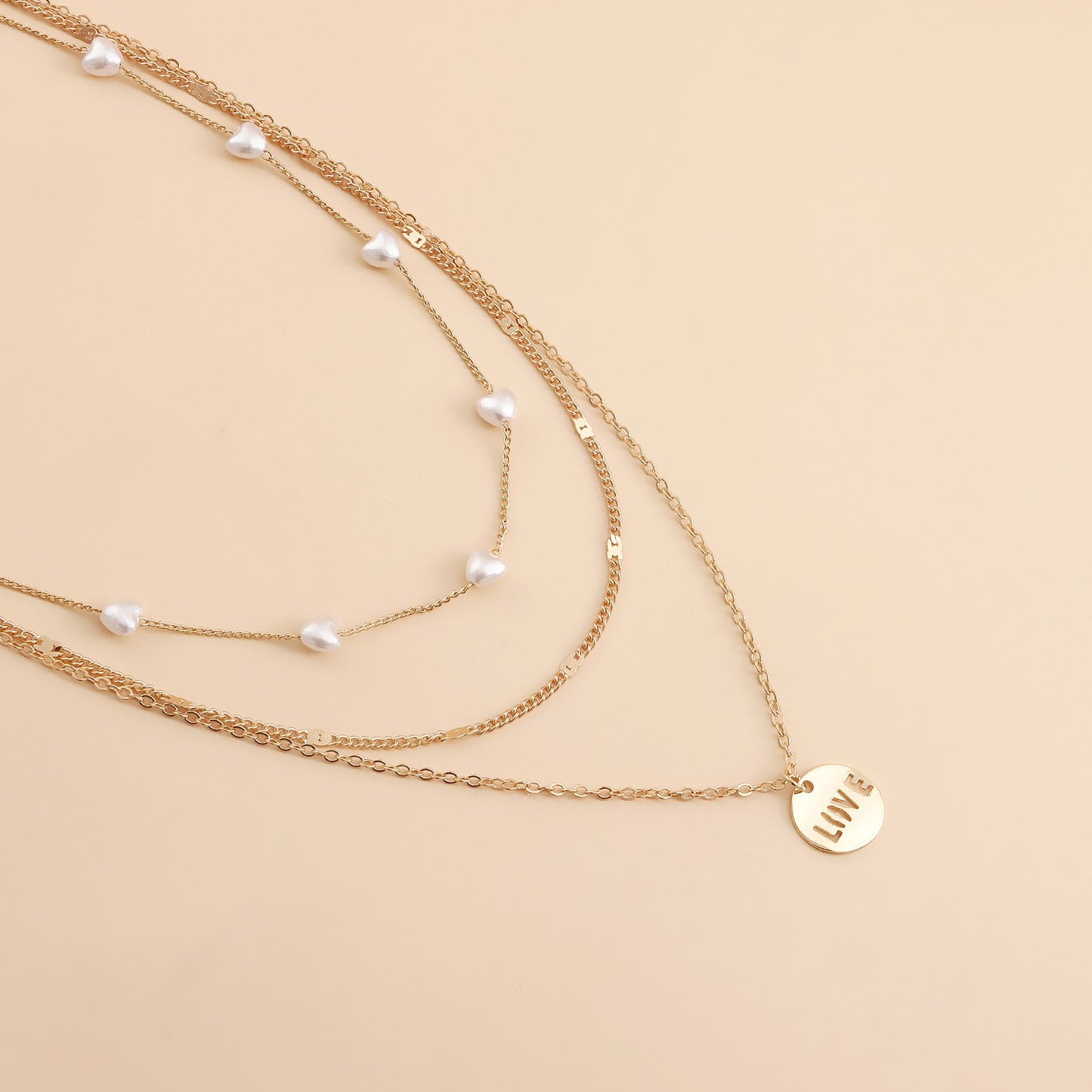 Jewelry fashion multi-layer small hole chain LOVE round pendant necklace female love imitation pearl necklace