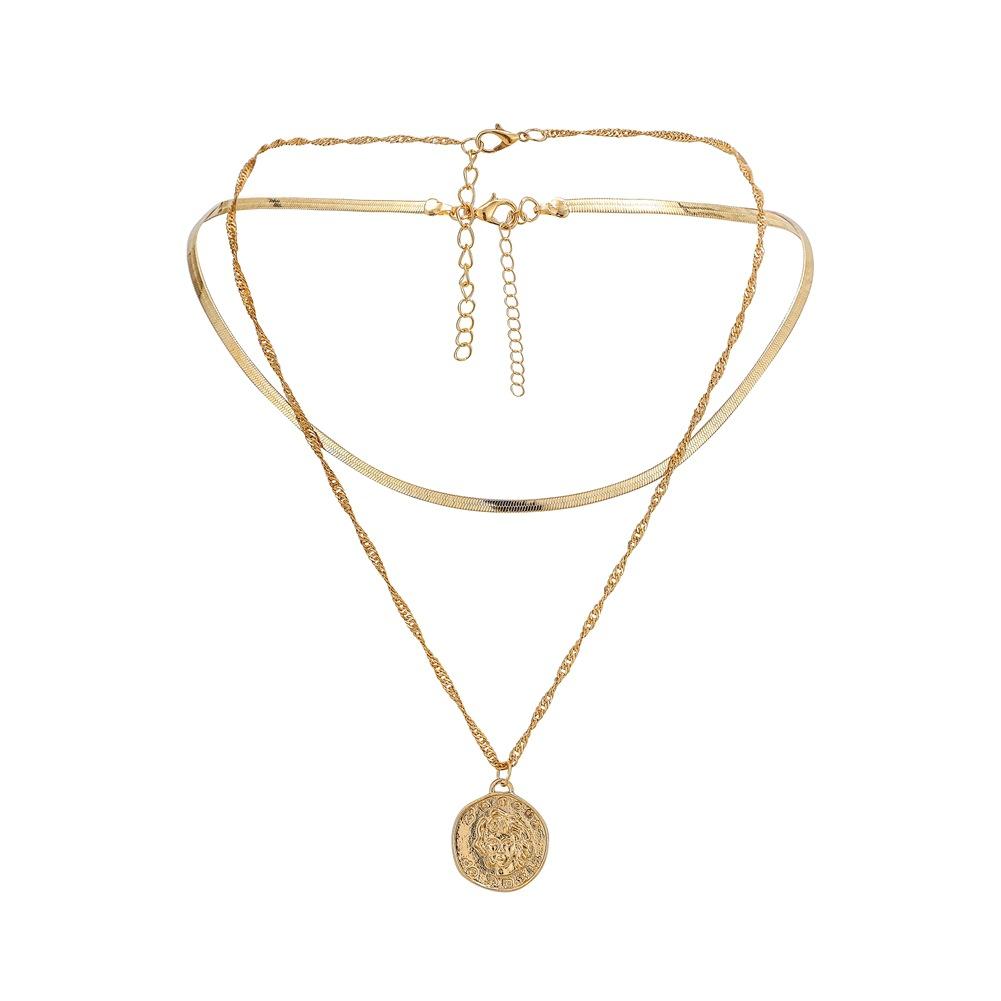Jewelry Fashion Double Flat Snake Chain Ladies Clavicle Chain ISN Popular Retro Coin Pendant Necklace