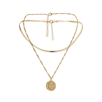 Jewelry Fashion Double Flat Snake Chain Ladies Clavicle Chain ISN Popular Retro Coin Pendant Necklace