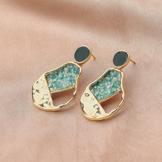 Earrings Temperament Green Gravel Geometric Hollow Drop Oil Pendant Fashion Versatile Jewelry