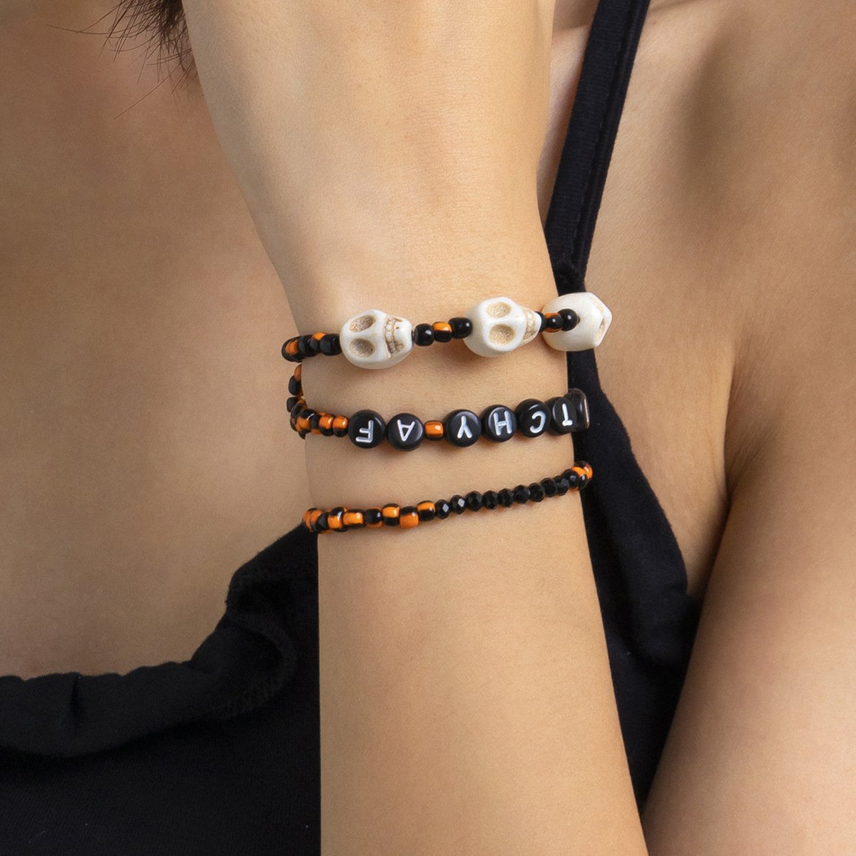 Jewelry Retro Skull Letter Witch Bracelet Set Sweet Cool Beaded Elastic Hand Jewelry Female