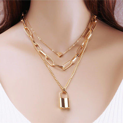 Jewelry Simple Exaggerated Thick Chain Necklace Women's Retro Multi-layer Geometric Lock Heart Necklace