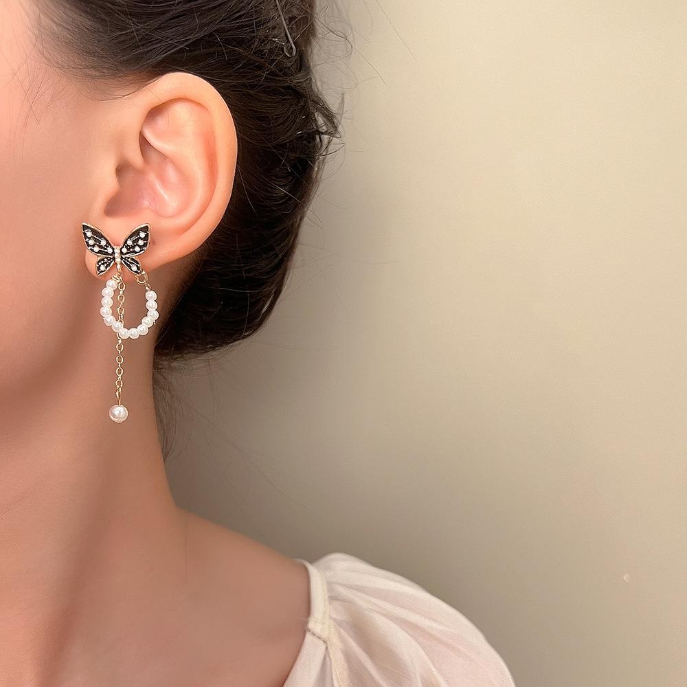ins black butterfly earrings French light luxury niche design pearl chain tassel earrings sweet earrings