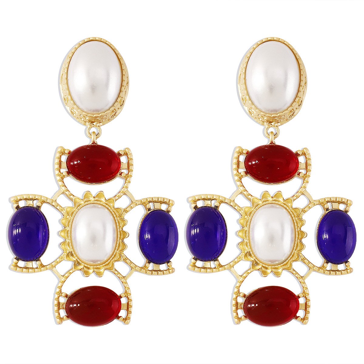E1123Vintage cross pearl glass earrings French court minority personality design earrings