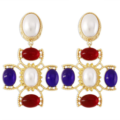 E1123Vintage cross pearl glass earrings French court minority personality design earrings