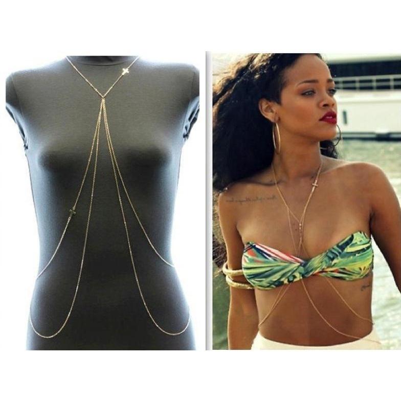 Jewelry Bikini Double Cross Body Chain Simple Sexy Body Chain Chest Chain
