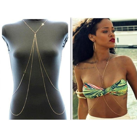 Jewelry Bikini Double Cross Body Chain Simple Sexy Body Chain Chest Chain