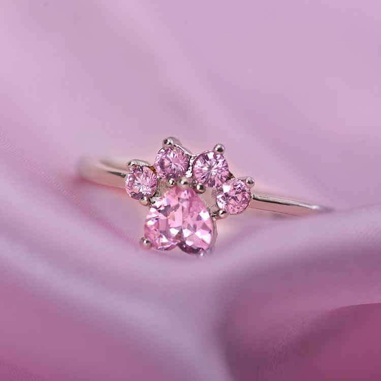 Cute Cartoon Opening Adjustable Cat Claw Cat Footprint Zircon Ring Female Electroplated Silver Animal Copper Jewelry