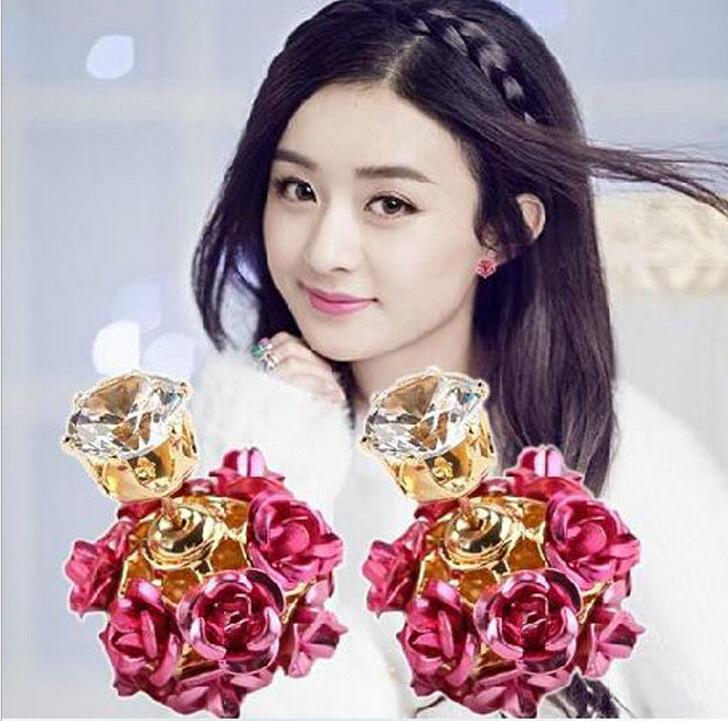 Fashion rose double-sided zircon earrings popular flower double-sided wearable earrings jewelry