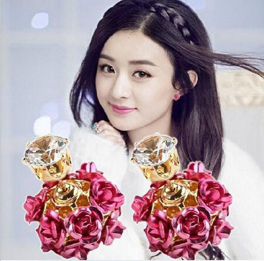 Fashion rose double-sided zircon earrings popular flower double-sided wearable earrings jewelry