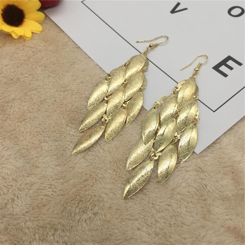 Atmospheric ethnic long string leaf-shaped metal frosted earrings earrings