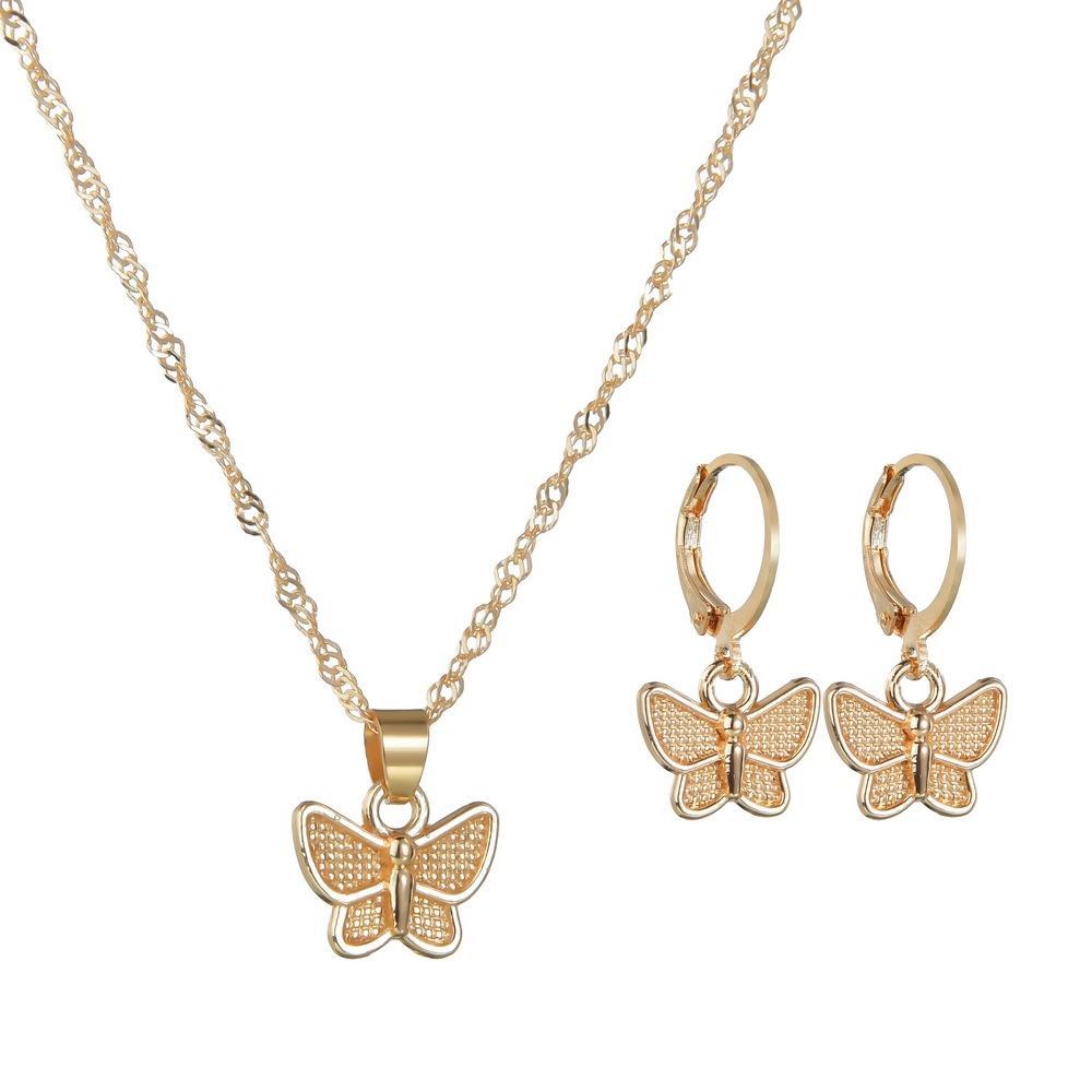 Gold Butterfly Round Buckle Earrings Necklace Accessories Simple Fashion Two-Piece Set Ornaments