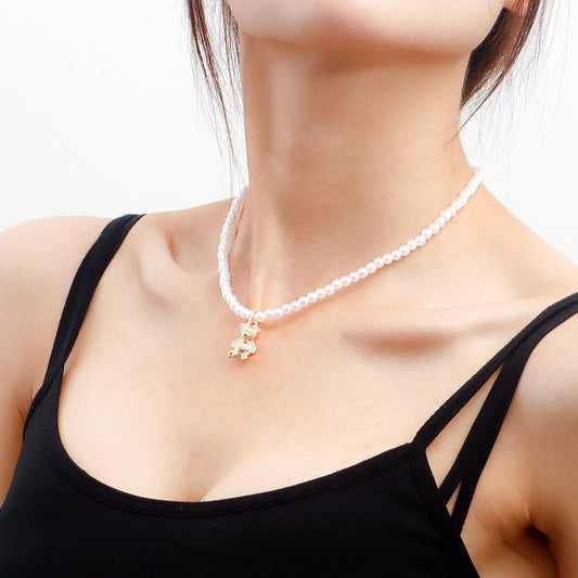 Jewelry Imitation Pearl Stitching Cartoon Bear Necklace Female Ins Hip Hop Punk Geometric Necklace