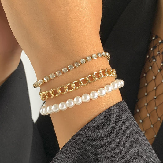 Jewelry temperament cold pearl chain multi-layer bracelet hip-hop geometric ring diamond jewelry