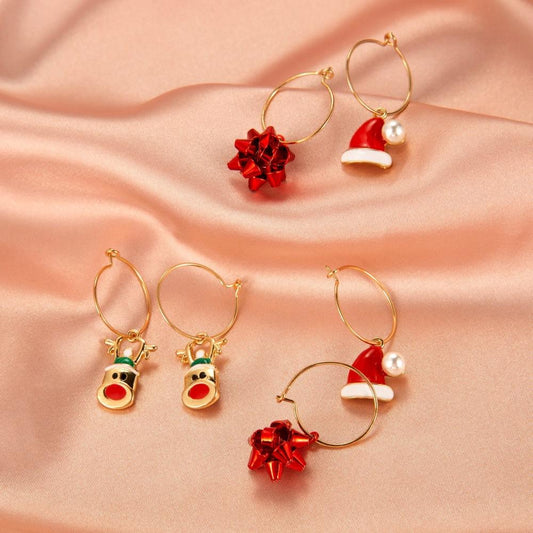 Three-piece set of Christmas earrings colorful flowers Christmas hat elk earrings women's set earrings holiday accessories