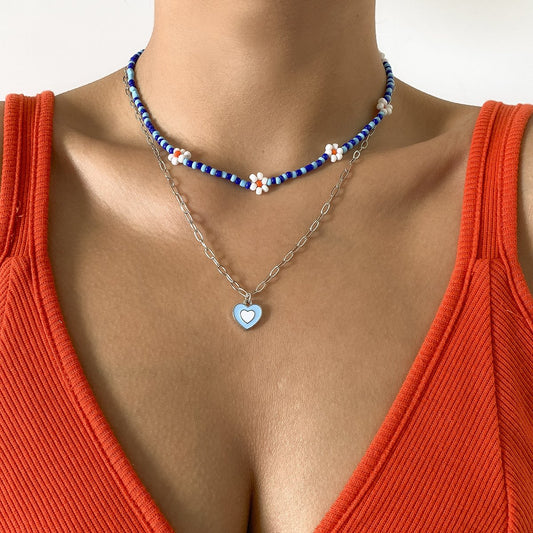 Jewelry Creative Rice Bead Contrasting Color Daisy Heart Necklace Sweet Cool Drop Nectarine Heart Geometric Necklace Female